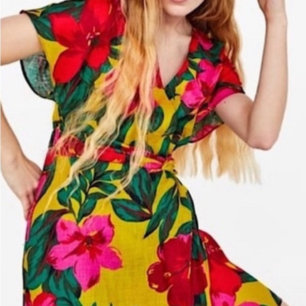 Zara Tropical Floral Linen Dress size L New w Tags